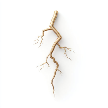 This image features an artistic representation of a gold lightning bolt against a clean white background, symbolizing energy, power, and creativity in a minimalistic style.の素材