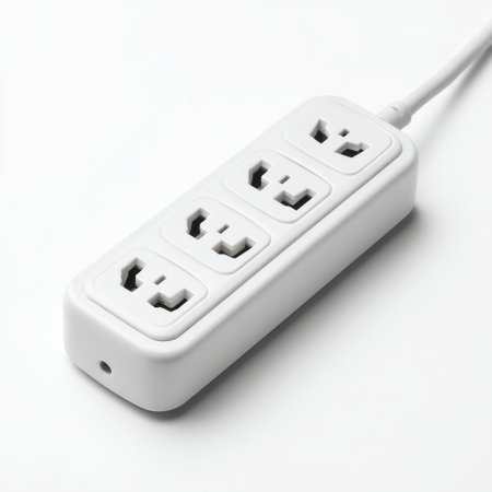 This image features a sleek white power socket strip with three outlets, designed for efficient charging. Perfect for home or office, it combines functionality and style.の素材