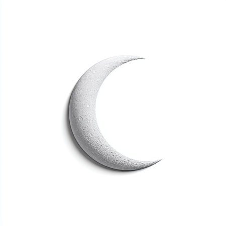 A serene crescent moon silhouette against a stark white background, highlighting fine details and textures, perfect for creative and celestial projects.の素材