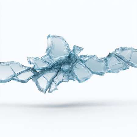 This image showcases a stunning piece of shattered glass, presenting an abstract design with intricate patterns. The light reflection and transparency enhance its artistic appeal.の素材