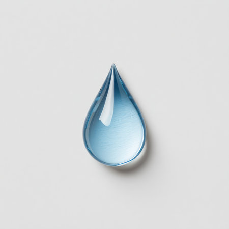 A captivating close-up of a single blue water droplet resting on a smooth light background, showcasing natural beauty and minimalist design with elegant reflections.の素材