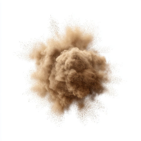 This high-resolution image captures a dramatic brown dust explosion on a clean white background, presenting fine particles in dynamic motion and an abstract aesthetic.の素材