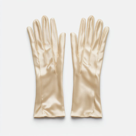 This image showcases a pair of elegant satin gloves laid flat, featuring a soft beige color that enhances their sophisticated look, ideal for various formal occasions.の素材