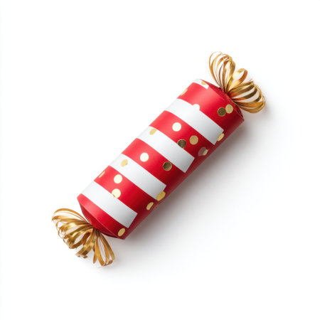 A festive red and white party cracker with dazzling golden bows, perfect for celebrations like Christmas and New Year, adding joy and surprise to every gathering.の素材