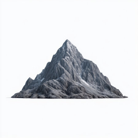 A stunning mountain peak rises dramatically against a clean white background, emphasizing its intricate rock details and showcasing the raw beauty of nature.の素材