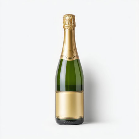 An elegant champagne bottle featuring a glossy finish and a blank label, ideal for customized branding or festive occasions, presented against a clean white background.の素材