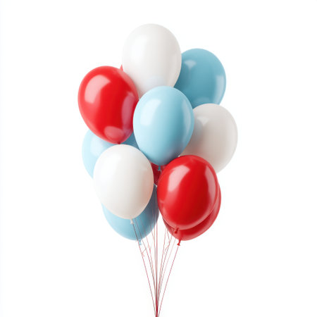 A bunch of vibrant balloons in red, blue, and white creates a joyful atmosphere perfect for parties, celebrations, and special events that uplift spirits and add color.の素材
