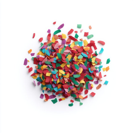 A vibrant collection of colorful confetti pieces scattered on a white background, perfect for party decorations, arts and crafts, or any celebratory occasion.の素材