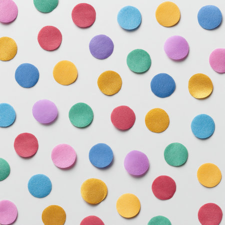 This vibrant arrangement features colorful felt circles on a light background, perfect for enhancing artistic projects, crafts, and playful decorating ideas.の素材