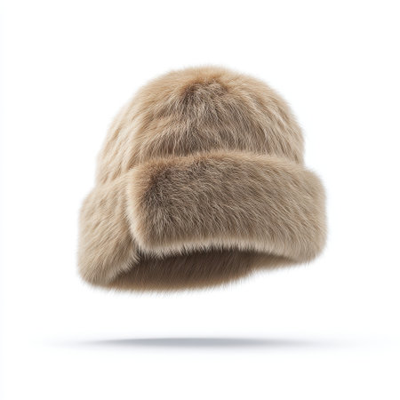 A beautifully crafted fur hat in beige color suspended mid-air, highlighting its plush texture and stylish design, perfect for elevating winter outfits and keeping warm.の素材