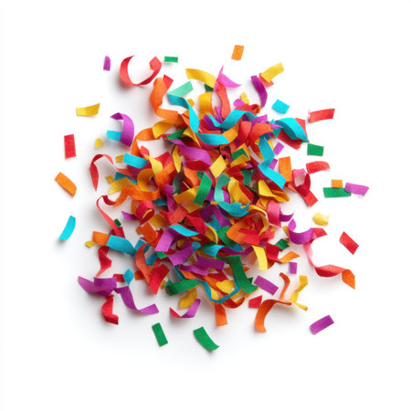 Bright and vibrant confetti scattered on a clean white background, perfect for adding a festive touch to any celebration or event. Ideal for party planning and decoration.の素材