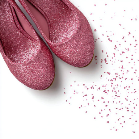 Delight in these shiny pink glitter shoes, perfect for adding sparkle to any occasion, from playful parties to elegant celebrations, showcasing vibrant style.の素材