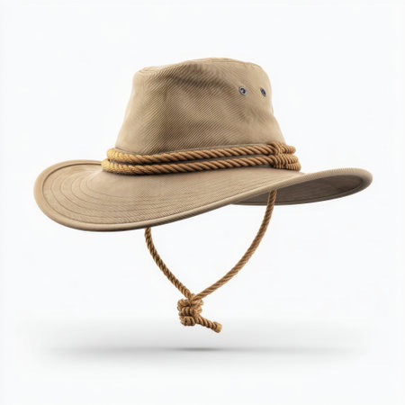 This wide-brimmed outdoor hat offers superior sun protection with a chin strap and detailed rope, making it an ideal choice for adventures and casual outings.の素材