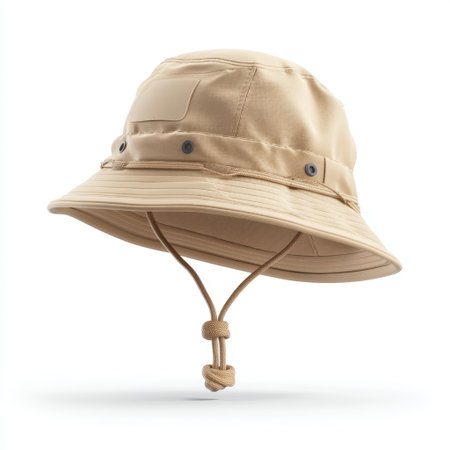 This stylish beige bucket hat features an adjustable chin strap and ventilation holes. Ideal for outdoor activities, it combines functionality with a trendy design.の素材