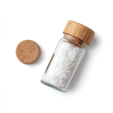 Beautiful clear glass salt shaker with a bamboo lid filled with coarse white salt, perfect for culinary photography and stylish kitchen presentations.の素材