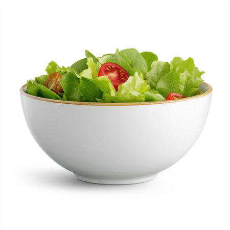 A fresh green salad featuring vibrant cherry tomatoes, presented in a modern white bowl, ideal for promoting healthy eating and culinary creativity.の素材
