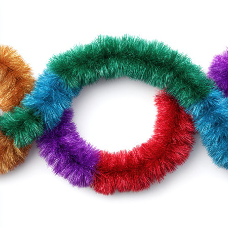 Vibrant strands of fluffy tinsel in a circular pattern create a lively and festive decoration perfect for holidays or celebrations. Add a burst of color to any space!の素材