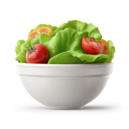 A vibrant and fresh salad featuring ripe tomatoes and crisp lettuce, presented in a white bowl. Perfect for healthy eating, culinary inspiration, or vibrant dining.の素材