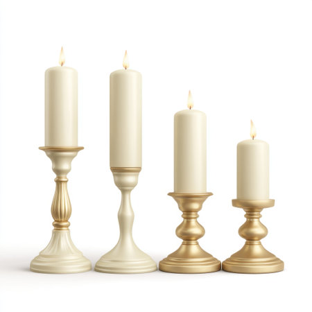 This stock photo features an elegant collection of white candles in various stylish holders, exuding warmth and charm for any decor setting or event.の素材