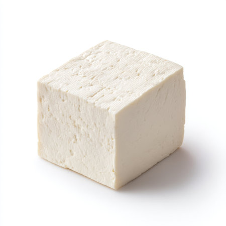 A fresh white tofu block sits isolated on a clean white background, ideal for culinary use in Asian dishes, salads, or healthy snacks, excellent protein source.の素材
