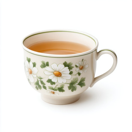 A charming ceramic tea cup adorned with a beautiful daisy pattern, filled with warm herbal tea. Ideal for cozy moments, this cup enhances relaxation and comfort.の素材