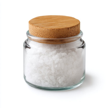This stylish glass jar filled with coarse white salt features a natural bamboo lid. Perfect for culinary uses, it enhances kitchen decor and organization.の素材
