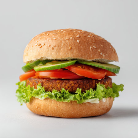 Enjoy a vibrant vegetarian burger featuring fresh lettuce, juicy tomatoes, and crisp cucumbers nestled in a soft sesame seed bun, perfect for any meal.の素材