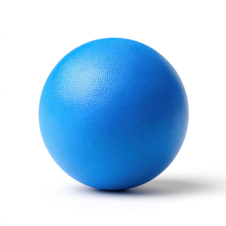 A bright blue exercise ball positioned against a white background, ideal for fitness and wellness activities. Perfect for workouts focused on strength and balance.の素材