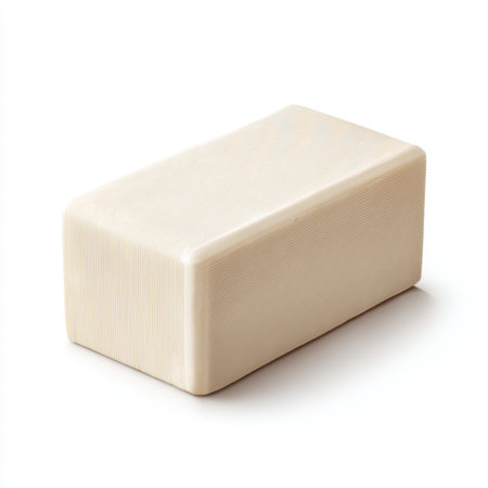 Cream colored soap block set against a clean white background. Ideal for spa, wellness, or personal care themes, showcasing natural beauty and simplicity in hygiene products.の素材