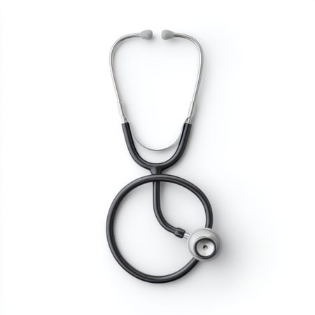 This image features a black stethoscope designed for medical professionals, illustrating its importance in patient assessment and health monitoring in a clean setting.の素材