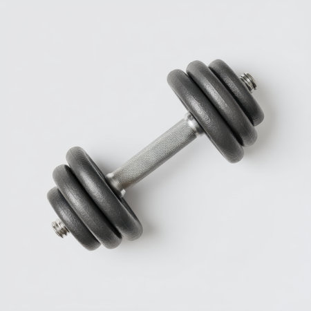 A gray dumbbell positioned on a white background, symbolizing exercise, strength training, and fitness. Ideal for health and workout-related projects.の素材