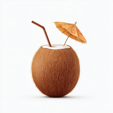A delightful coconut drink featuring a straw and a mini umbrella, perfect for summer gatherings, tropical parties, or as a refreshing outdoor beverage choice.の素材