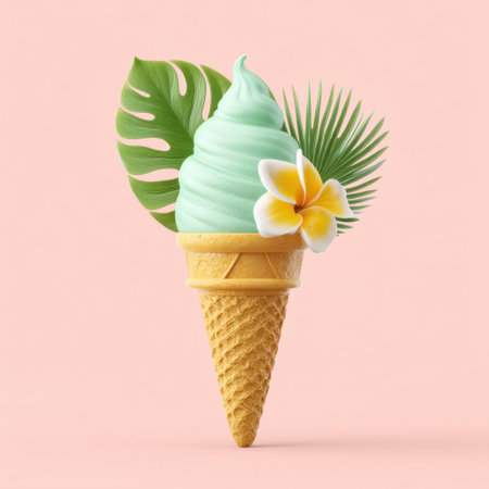 Enticing mint ice cream in a waffle cone adorned with tropical flowers against a soft pink backdrop, perfect for evoking feelings of summer joy and indulgence.の素材