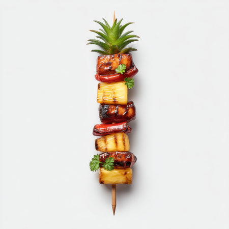 Delicious grilled chicken and pineapple skewers with vibrant peppers and fresh herbs create a visually appealing and appetizing scene on a clean, white background.の素材