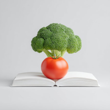 A unique representation of a broccoli and tomato fusion growing on an open book, suggesting imaginative culinary concepts and the importance of healthy eating choices.の素材