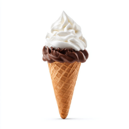 A tempting ice cream cone featuring rich chocolate and creamy vanilla swirled together, topped with fluffy whipped cream, perfect for warm days or dessert cravings.の素材