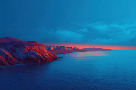 A picturesque coastal landscape captured at dusk, featuring dramatic cliffs and vibrant colors reflecting on calm waters, creating a tranquil atmosphere for relaxation.の素材