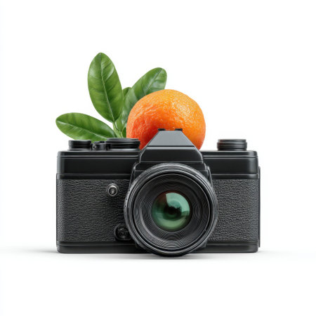 A vintage camera emerges as a unique centerpiece, adorned with a vibrant orange and green leaves, representing the fusion of creativity and freshness in photography.の素材