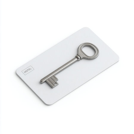 A vintage-style hotel key rests on a plain white card, perfect for illustrating themes of hospitality and travel. Ideal for marketing materials in the tourism industry.の素材