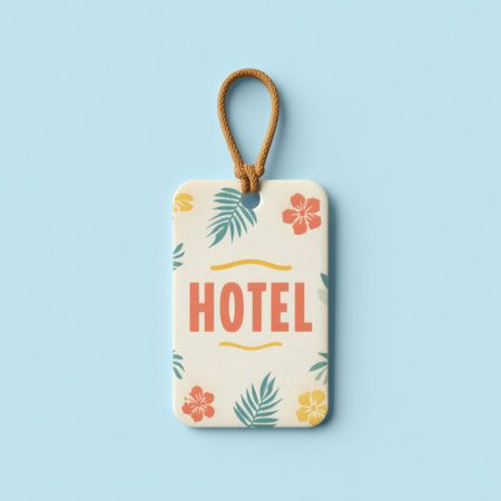 Bright and artistic hotel keychain with a lively floral design and bold "HOTEL" lettering, perfect for travel-themed projects and hospitality promotions.の素材