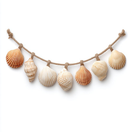 A charming arrangement of colorful seashells strung along twine, perfect for adding a coastal touch to home decor or beach-themed craft projects.の素材