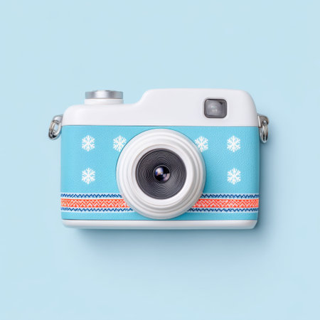 This charming vintage-inspired camera design captures a playful essence with its snowflake pattern. Ideal for holiday projects and photography enthusiasts.の素材