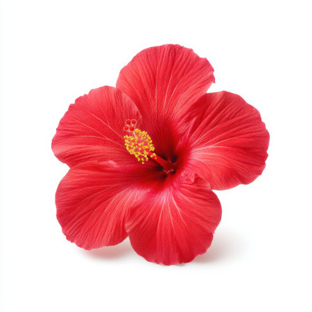Bright and striking red hibiscus flower showcasing intricate details, perfect for nature-themed projects, designs, or artistic representations of floral beauty.の素材