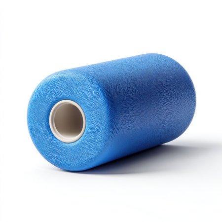 This blue foam roller is designed for exercise and physical therapy. Perfect for muscle recovery, stretching, and enhancing fitness routines at home or in gyms.の素材