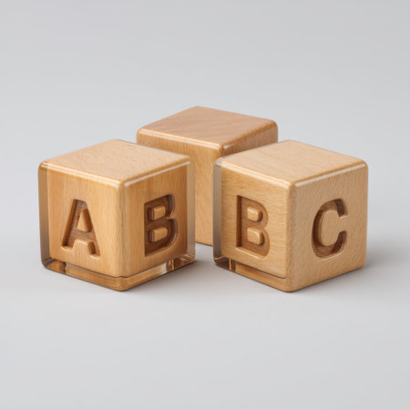 This image features three wooden alphabet blocks arranged neatly on a soft gray background. Ideal for promoting early learning, education, and creativity in children.の素材