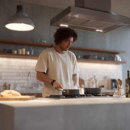 A young adult enjoys cooking in a modern kitchen, surrounded by stylish appliances and warm lighting, creating a cozy and inviting atmosphere for culinary adventures.の素材