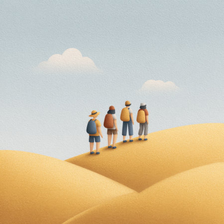 Friends enjoy a moment of tranquility atop golden sand dunes, gazing at a serene blue sky adorned with fluffy clouds, capturing the essence of adventure and exploration.の素材