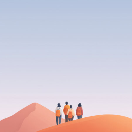 A serene scene featuring a group of hikers on colorful mountains during golden hour, embodying adventure, exploration, and the joy of nature's beauty.の素材