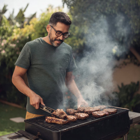 A man expertly grills marinated steaks in a vibrant backyard during a sunny day, surrounded by lush greenery. This image captures the joy of outdoor cooking.の素材