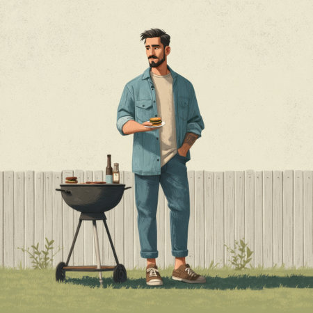 A young man stands in a sunny backyard, savoring a delicious hamburger while overseeing the grill. This scene captures the essence of outdoor gatherings and culinary joy.の素材